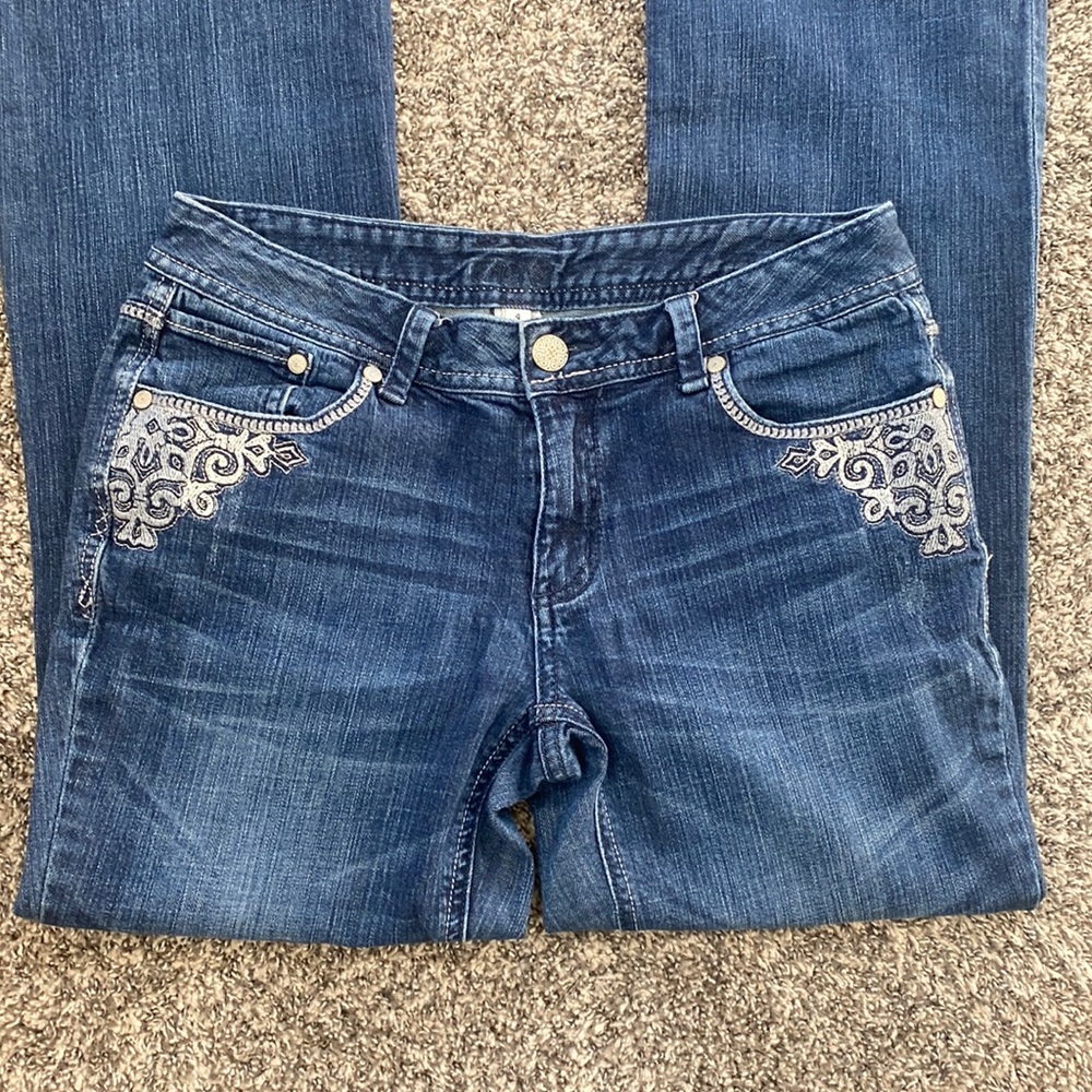 EUC Cache Dark Wash Embroidered Pockets Flare Jeans 4